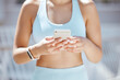 © Siphosethu F/peopleimages.com - Hands of exercise woman typing on a phone, check fitness app or step tracker for exercise support on training run. Sports, marathon runner or workout girl with digital tech for help on cardio running