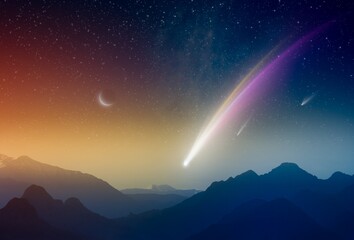 Wall Mural - amazing unreal background: giant colorful comet in glowing sunset sky over mountains. comet is icy s