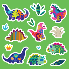 Poster - Flat dinosaurs silhouette with plants. Childish collection