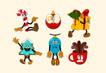 Wall Mural - Set of retro cartoon stickers with funny comic characters. Cute comic gloved hands characters in Contemporary style. Doodle Comic characters for holiday of the new year and christmas.
