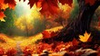 Illustration of colorful autumn leaves dancing in the air in the forest