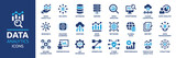 Fototapeta  - Data analytics icon set. Big data analysis technology symbol. Containing database, statistics, analytics, server, monitoring, computing and network icons. Solid icons vector collection.