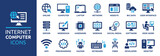 Fototapeta  - Internet computer icon set. Containing online, computer, network, website, server, web design, hardware, software and programming. Solid icons vector collection.
