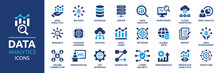 Data Analytics Icon Set. Big Data Analysis Technology Symbol. Containing Database, Statistics, Analytics, Server, Monitoring, Computing And Network Icons. Solid Icons Vector Collection.