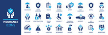 Insurance And Assurance Icon Set. Containing Healthcare Medical, Life, Car, Home, Travel Insurance Icons. Solid Icons Vector Collection.