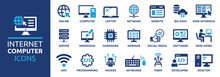 Internet Computer Icon Set. Containing Online, Computer, Network, Website, Server, Web Design, Hardware, Software And Programming. Solid Icons Vector Collection.