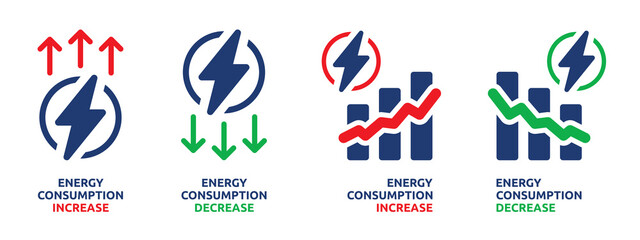 set of energy consumption increase and decrease icon. electricity, power or utility bill increase an