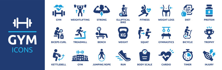 Gym and fitness icon set. Containing healthy lifestyle, weight training, body care and workout or exercise equipment icons. Solid icons vector collection.
