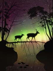 Sticker - Deer family in misty forest. Animals walk on fallen tree. Polar lights