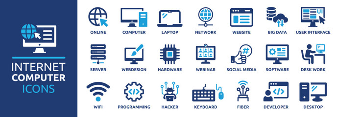 internet computer icon set. containing online, computer, network, website, server, web design, hardw