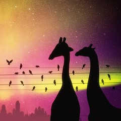 Sticker - Two giraffes. Birds on wires in city. Animal silhouettes. Polar lights