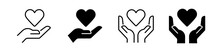Heart In Hand Icons Set. Hands Holding Heart Icon. Love Icon. Health, Medicine Symbol. Healthcare Hands Holding Heart Flat And Line Style - Stock Vector
