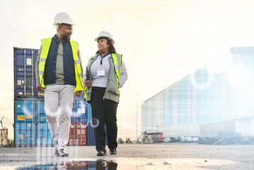 Shipping, logistics and supply chain with a man and woman courier walking in a container yard for distribution. Cargo, freight and delivery with a team at work in the export industry with overlay