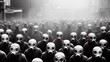 3D rendering of apocalyptic crowd in gas masks