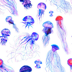 Wall Mural - Pattern seamless jellyfishes PNG. Space colorful repeat texture wallpaper illustration Night galaxy  watercolor jelly fishes in bright style vivid blue purple violet isolated on transparent background