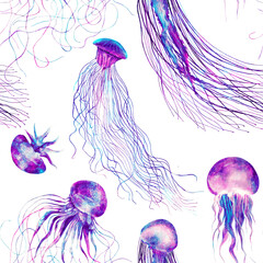 Wall Mural - Pattern seamless jellyfishes PNG. Space colorful repeat texture wallpaper illustration Night galaxy  watercolor jelly fishes in bright style vivid blue purple violet isolated on transparent background