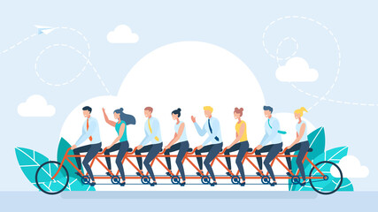 A team of specialists rides a large tandem bicycle. A big company. Teamwork. The team pedals on a tandem bicycle. Collective successful teamwork progress concept. Flat style. Illustration