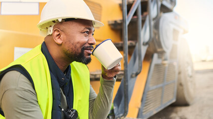 Poster - Coffee, engineer and construction worker relax on break at construction site, smiling and inspired by building idea and vision. Engineering, motivation and black man happy about project development