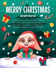 Merry Christmas and Happy New Year greeting card with cute xmas rabbit in Santa hat, gift box, snow and lollipop. Vector illustration with space for text and cartoon bunny character