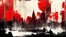 Abstract City Building Skyline Metropolitan. Concept Art. Crimson Red Abstract. Digital Glitch Art