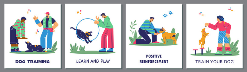 Dog training cards set with people teaching their pets, flat vector illustration.