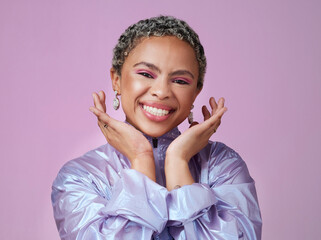 Wall Mural - Black woman, happy portrait and neon fashion, unique makeup and retro style on pink studio background. Smile, bold colorful and young gen z beauty influencer, model and happiness in cyberpunk style