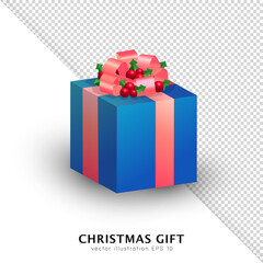 Wall Mural - Three dimensional bright blue Christmas gift box with holly berries and pink bow. Closed 3d cartoon xmas present with traditional decoration and ribbon isolated on white and transparent background.