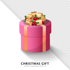 Wall Mural - Three dimensional bright pink Christmas gift with holly berries and golden bow. Closed 3d cartoon xmas present with traditional decoration and ribbon isolated on white and transparent background.