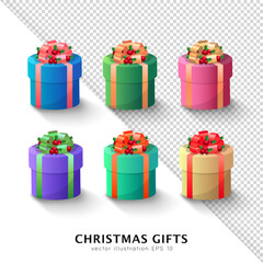 Wall Mural - Set of six 3d colorful Christmas cylinder gift boxes with holly berries and bows. Closed 3d cartoon blue, green, pink, yellow, purple, cyan xmas presents with traditional decoration and ribbons