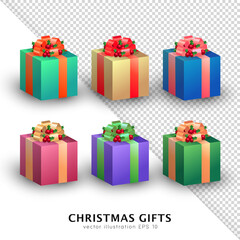 Wall Mural - Set of six 3d colorful Christmas cube gift boxes with holly berries and bows. Closed 3d cartoon blue, green, pink, yellow, purple, cyan xmas presents with traditional decoration and ribbons