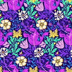 Floral seamless pattern with flowers on dark background. Futuristic colors. Vector illustration.