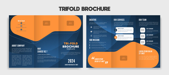 editable Modern trifold business brochure template wiyh blue and orange background.