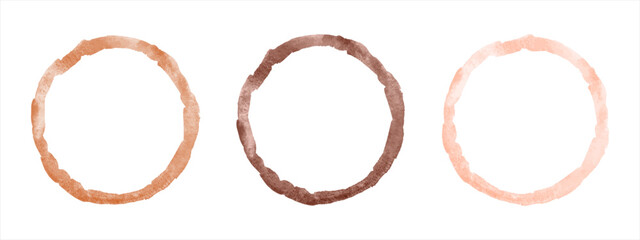 Poster - Brown, beige, skin color, coffee watercolor vector round thin frames set, collection. Circle, ring shape, uneven artistic deckled edge. Watercolour stains text template, brush drawn background.