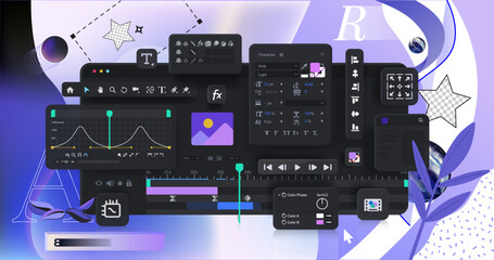 Poster - interface menu and program panels for motion design on an abstract background