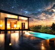 starry night sky moon light  luxury resort swim pool and sea water reflection bokeh  light modern cabin in forest  nature landscape vacation travel background template copy space