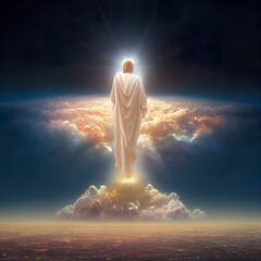 Illustration of a dramatic scene of Jesus Christ walking over the clouds above the city