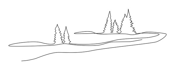 Wall Mural - Young spruce trees in the field. Landscape. Continuous line drawing illustration.