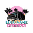 Vector Illustration Transporter Truck, With Palms, Sunset for T-Shirt Print. Miami Vibes Summer Graphic