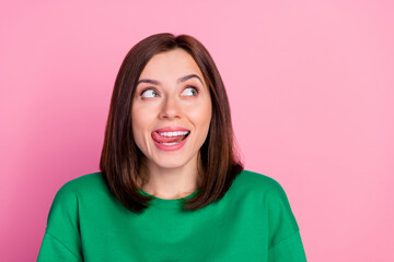 Sticker - Photo of young charming positive lady toothy smile tongue out lick teeth have isolated on pink color background