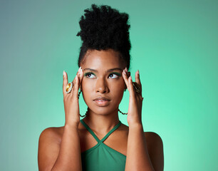 Poster - Beauty, black woman and green eyeshadow makeup with thinking and focused face with mockup. Beautiful, elegant and trendy African girl with cosmetics contemplating decision or idea in studio.