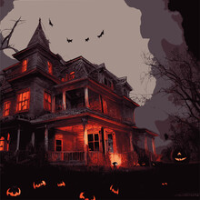 3D Rendered Halloween Background With Pumpkins And Haunted House