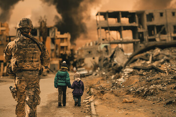 Military soldier is following two homeless girls.	