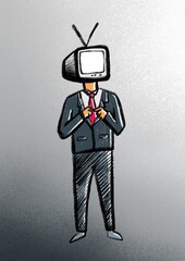 Poster - Man with the head of the tv wears a suit in preparation for the show