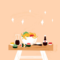 Wall Mural - Sushi Table Menu. Vector Illustration of Japanese Asian Food.