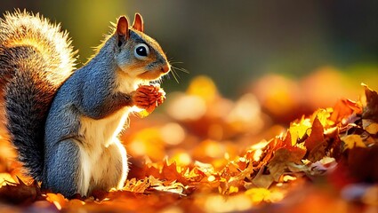 Wall Mural - Illustration of a cute squirrel in the woods in autumn with dry orange leaves
