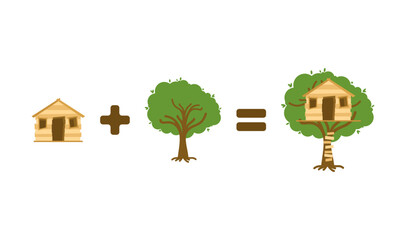 Tree plus house equals tree house. Children's treehouse. Vector illustration