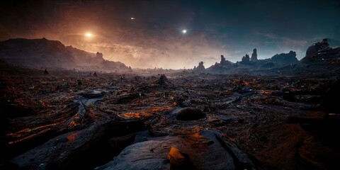 alien planet fantasy wallpaper landscape 3d illustration with copy space