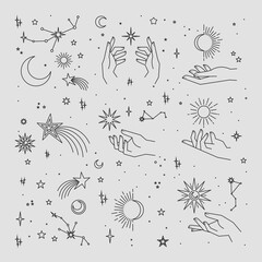 Wall Mural - mystical and celestial elements with stars, planets, moons and hands. palm and zodiac elements. occu