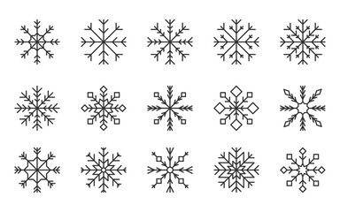 Snowflake crystal hexagon editable line black set. Winter frozen silhouette snow flakes new year ice shape geometric pattern symbol postcard christmas card traditional banner freeze element isolated