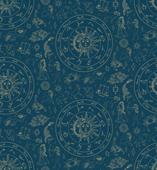 Wall Mural - Seamless pattern with zodiac signs. Wheel of astrology. Realistic illustration of zodiac signs. Horoscope vector illustration.
